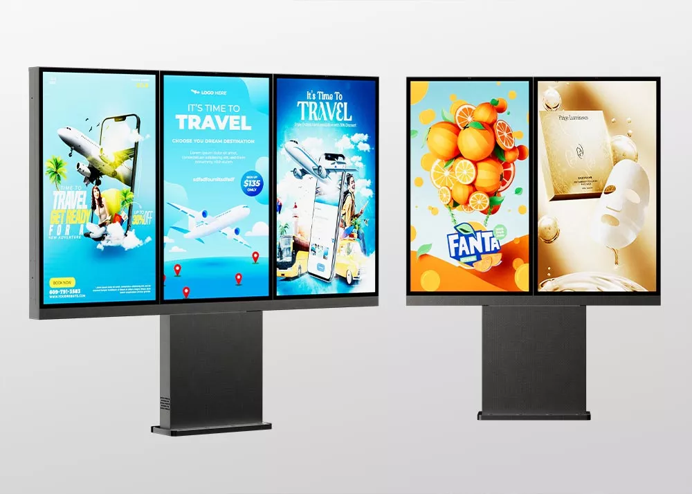 goxmart freestanding multi screen outdoor digital totem sunlight readable vertical advertising kiosk for public information broadcasting